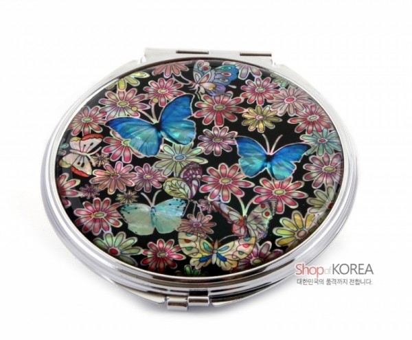 손거울大-청나비 - 화려한 꽃밭위에 푸른색 나비의 조화