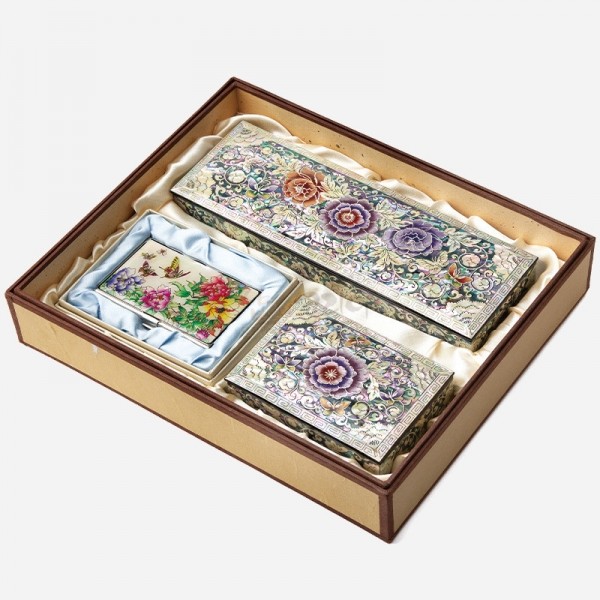 자개필함세트-나전으로 핀 모란(필함,명함함,명함케이스) - 목단과 나비의 화려한 나전칠기 필함 3종세트 필함+명함함+명함케이스