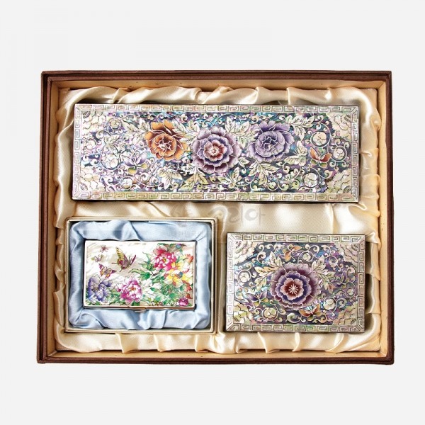 자개필함세트-나전으로 핀 모란(필함,명함함,명함케이스) - 목단과 나비의 화려한 나전칠기 필함 3종세트 필함+명함함+명함케이스